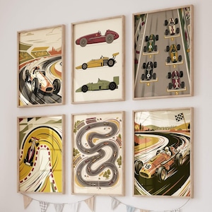 Retro Racing Car Nursery Prints Set of 6, Vintage Race Car Gallery Wall Art, Boys Room Decor, Little Racer Playroom Posters