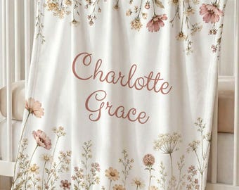 Personalized Wildflower Baby Blanket with Name, Vintage Floral Baby Girl Blanket, Custom Name Newborn Keepsake, Baby Shower Gift