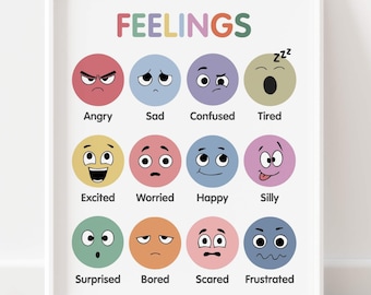 Feelings Chart for Toddlers Printable Emotions Poster for Kids, Calming Corner Wall Art, Preschool Homeschool SEL Print, Classroom Decor