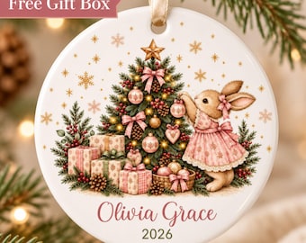 Personalized Bunny Christmas Ornament, Custom Name Ceramic Rabbit Ornament, Pink or Blue Keepsake for Girls, Daughter or Granddaughter Gift