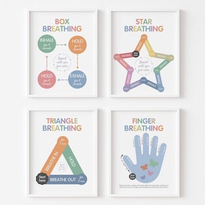 Breathing Technique Printable Poster Bundle, Set of 4 Calming Grounding Exercises for Kids Therapy Office Decor, Calm Down Corner Wall Art
