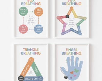 Breathing Technique Printable Poster Bundle, Set of 4 Calming Grounding Exercises for Kids Therapy Office Decor, Calm Down Corner Wall Art