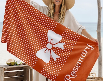 Personalized Polka Dot Beach Towel with Bow, Coquette Bachelorette Party Pool Towel, Custom Name Bridesmaid or Bride Gift