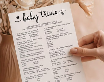 Babyshower-triviaspel | Babyshower-spel utskrivbara och redigerbara mallar | Minimalistiskt baby-triviaspel, triviafrågor, direktnedladdning