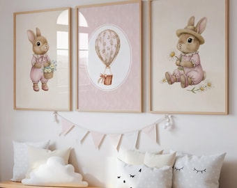 Vintage Bunny Nursery Wall Art Set, Pink Baby Girl Prints, Hot Air Balloon Floral Rabbit Cottagecore Nursery, Storybook Girl's Room Decor