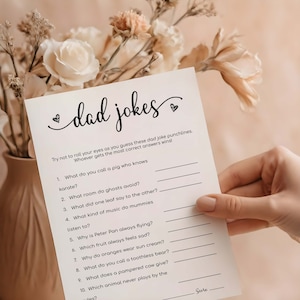 Papa grappen babyshowerspel | Afdrukbare sjabloon babyshowergames | Minimalistische Dad Jokes Shower Game Cards | Spelletjes voor babyshowers