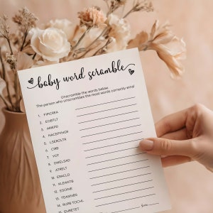 Baby Shower Word Scramble with Answer Key | Baby Shower Games Printable Template | Minimalist Baby Shower Word Puzzle | Gender Neutral Game