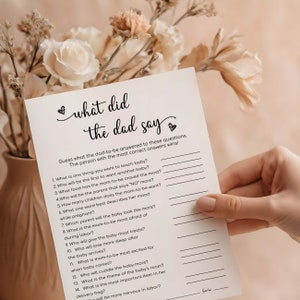 Spel Wat zei de vader | Afdrukbare sjabloon babyshowergames | Minimalistisch What Did He Say Babyshower-feestspelkaarten, direct download