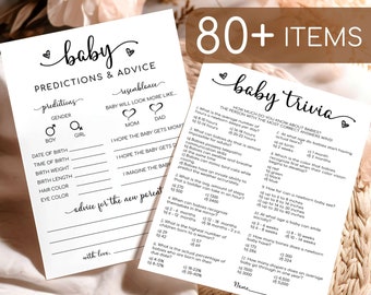 Baby Shower Games Bundle | 80 Editable Baby Shower Cards, Tickets, Table Signs | Printable Baby Shower Game Template, Minimalist Baby Shower