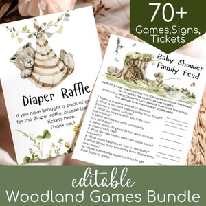 Woodland Baby Shower Games Bundle | 70 Editable Baby Shower Cards, Tickets and Table Signs | Printable Forest Baby Shower Game Pack Template