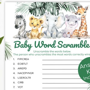 Juego de Baby Shower de Safari con Palabras Sopa de Letras Imprimible - Juegos de Baby Shower de Selva / Rompecabezas de Palabras Digitales / Tarjeta de Juego de Género Neutral S1