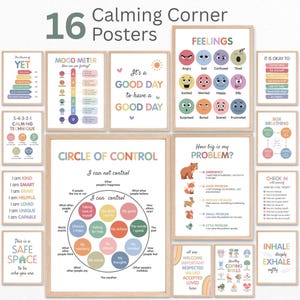 Paquete de 16 pósteres para el Rincón de la Calma, decoración para consejeros escolares, impresiones sobre salud mental y regulación emocional para el aula, Círculo de Control