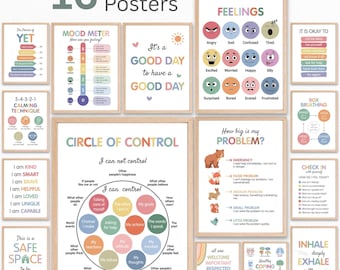 Paquete de 16 pósteres para el Rincón de la Calma, decoración para consejeros escolares, impresiones sobre salud mental y regulación emocional para el aula, Círculo de Control