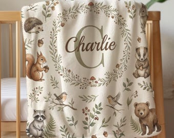 Personalized Woodland Baby Blanket, Custom Name & Initial Minky Blanket, Forest Animal Nursery Decor, Newborn Baby Shower Gift