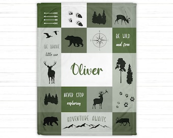 Personalized Baby Boy Name Blanket - Woodland Theme Baby Blanket | Custom Newborn Baby Shower Gift for Boys, Minky Blanket for Kids Toddlers