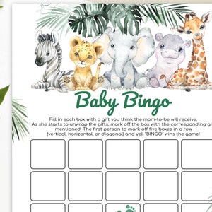 Safari-babybingospel afdrukbaar - jungle babyshowergames | Genderneutrale digitale bingokaarten voor babyshowers voor babyshowers voor jongens of meisjes S1