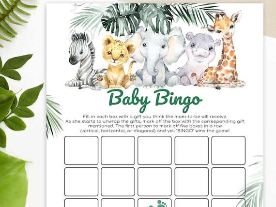 Safari Baby Bingo Game Printable - Jungle Baby Shower Games | Gender Neutral Digital Baby Shower Bingo Cards for Boy or Girl Baby Showers S1
