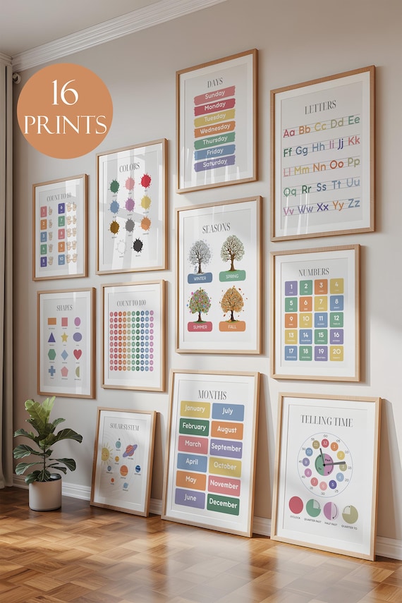Educational Posters Set of 16, Homeschool Learning Prints and Charts, Playroom Wall Decor, Montessori Toddler Room Wall Art