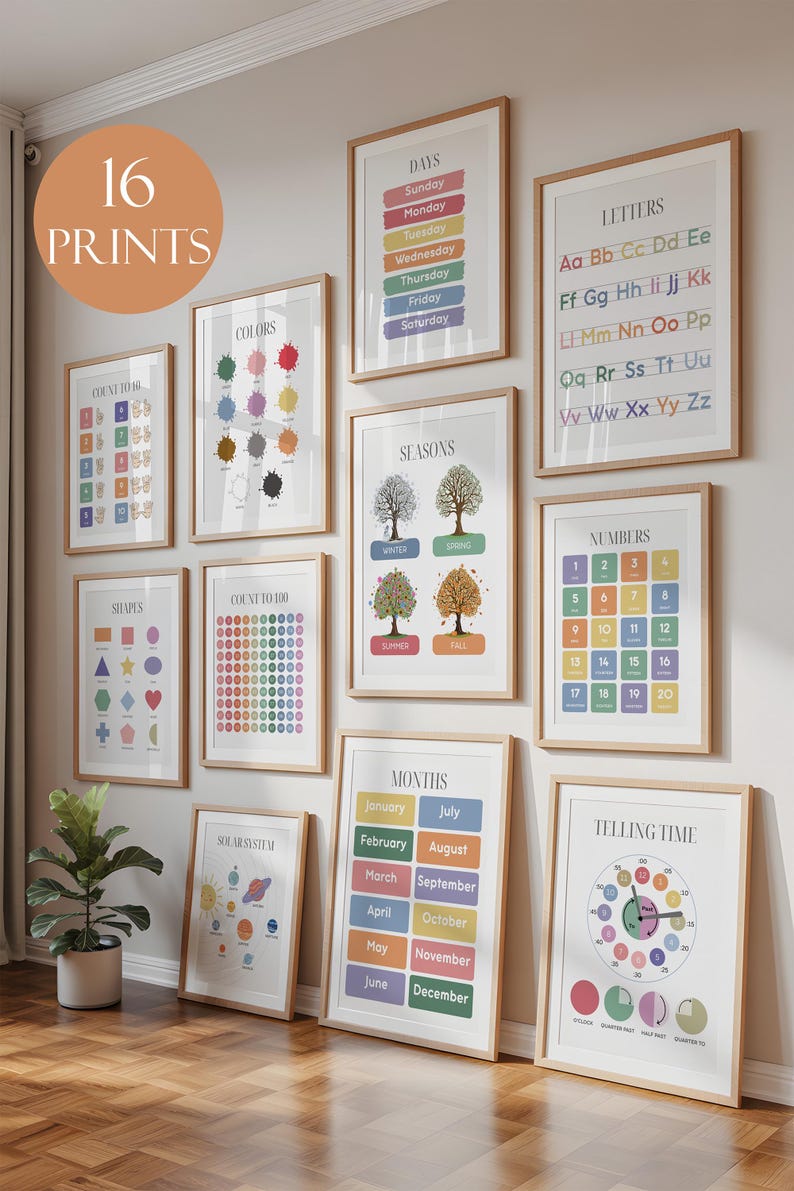 Educational Posters Set of 16, Homeschool Learning Prints and Charts, Playroom Wall Decor, Montessori Toddler Room Wall Art image 1
