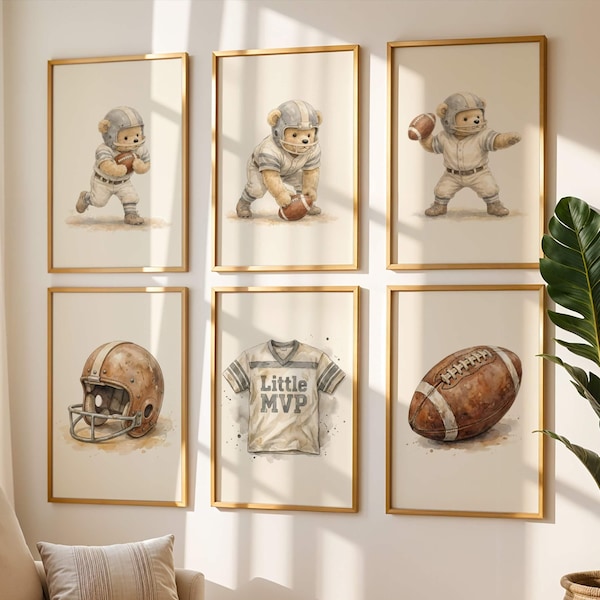 Lot de 6 impressions sport vintage pour chambre d'enfant pour garçon, décoration murale football nounours pour chambre d'enfant