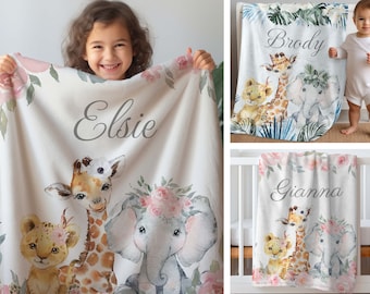 Personalized Baby Shower Gift For Girls Boys - Custom Baby Name Blanket | Safari Baby Gift Newborn Kids Grandkids | Jungle Theme Nursery