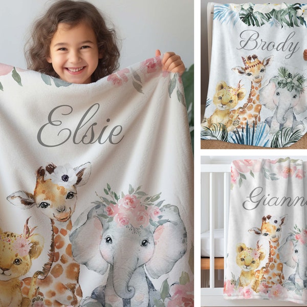 Personalized Baby Shower Gift For Girls Boys - Custom Baby Name Blanket | Safari Baby Gift Newborn Kids Grandkids | Jungle Theme Nursery