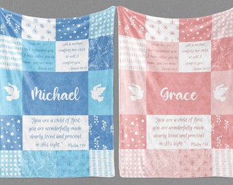 Personalized Baptism Blanket Girl Boy - Soft Custom Baby Baptism Gift Quilt with Name and Bible Verses | Christian Baby Gift for Baby Shower