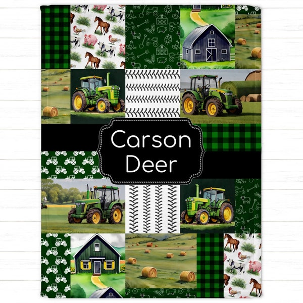 Personalized Tractor Blanket | Farm Baby Blanket | Minky Baby Boy Blanket with Name | Custom Quilt Style Blanket | Birthday Gift Baby Shower
