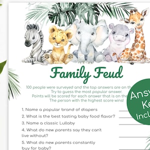 Gioco stampabile per baby shower Family Feud, gioco Safari Family Feud, giochi per baby shower neutri a tema giungla, carte digitali, download immediato S1