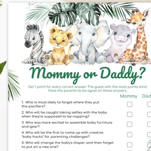 Afdrukbaar Safari-spel mama of papa - babyshowerspelletjes mama of papa | Jungle raad eens wie het zei-spel - direct downloaden | Digitale game S1