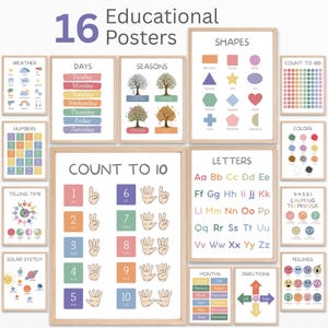 Peut inclure: Un ensemble de 16 affiches éducatives avec des illustrations colorées et du texte. Les sujets incluent la météo, les jours de la semaine, les saisons, les formes, les nombres, le comptage jusqu'à 100, les couleurs, l'heure, les lettres, les mois, les directions, le système solaire et les émotions.