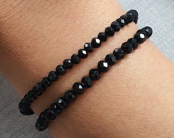 Small stretch black obsidian bead bracelet, 6 6.5 7 inches delicate, unisex, bracelet 3mm/4mm beads different sizes stackable friendship