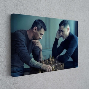 Football Icons Messi and Ronaldo in Chess Battle: World Cup Art Canvas Print, Canvas Poster for Wall Decor, Handcrafted High-Quality Canvas