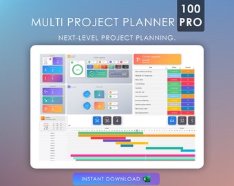 Multi Project Planner 100 Pro Management Dashboard | Excel Gantt Timeline & Kanban Board | Task Manager | Project Manager | Digital Planner