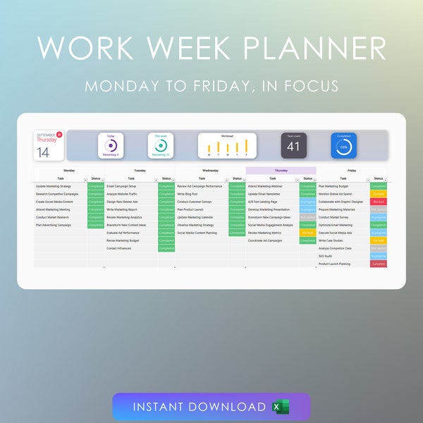 Planificateur de tâches de la semaine de travail moderne | Excel | Lun-ven | Gestionnaire de tâches et de projets | Organisation