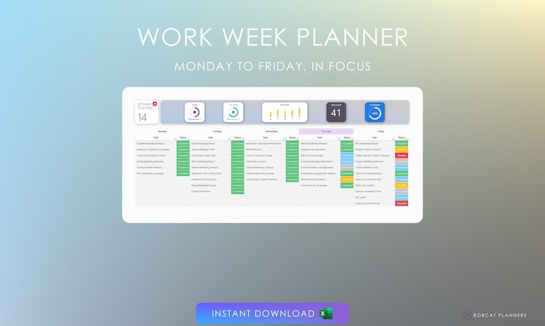 May include: A digital weekly planner with a colorful interface. The planner is divided into five columns, one for each day of the week, Monday through Friday. Each column has a list of tasks to be completed. The planner also includes a progress bar and a timer.