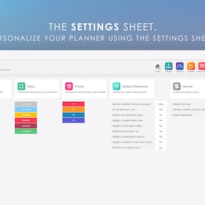 May include: A screenshot of a settings page for a planner app. The page is divided into sections for teams, status, priority, Kanban preferences, and general settings. The user can customize the planner by setting up teams, statuses, priorities, and Kanban preferences.