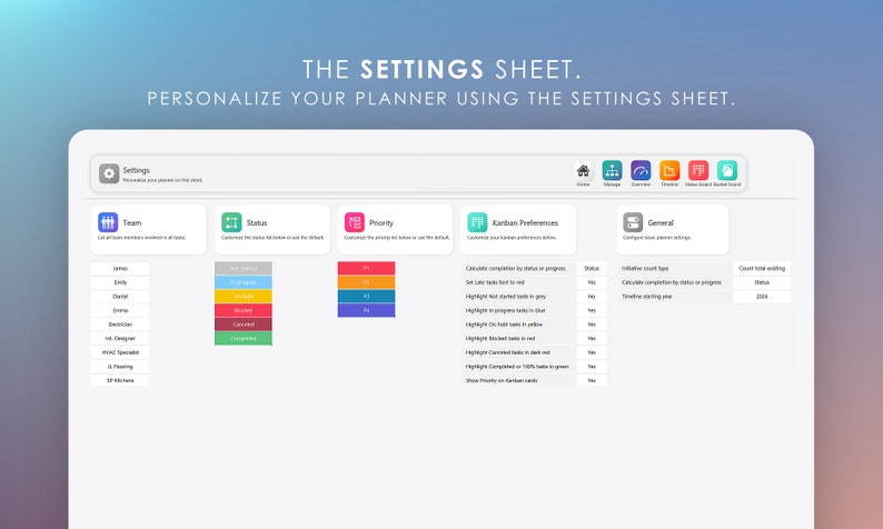 May include: A screenshot of a settings page for a planner app. The page is divided into sections for teams, status, priority, Kanban preferences, and general settings. The user can customize the planner by setting up teams, statuses, priorities, and Kanban preferences.