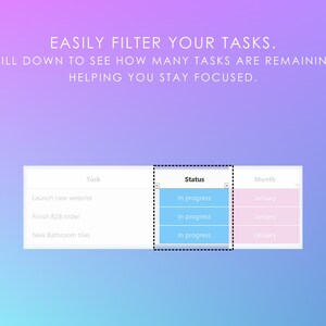 May include: A screenshot of a task management app with a list of tasks, their status, and due month. The tasks are "Launch new website", "Finish B2B order", and "Nine Bathroom tiles". All tasks are listed as "In progress" and due in January.