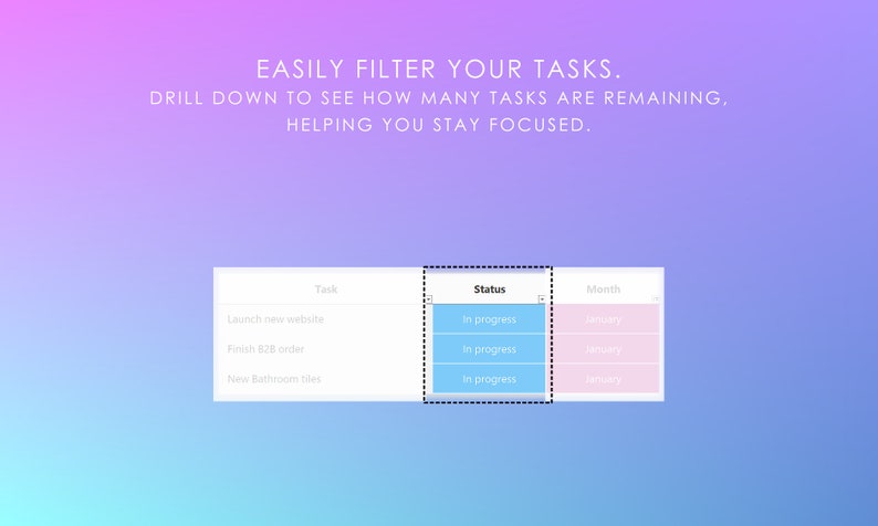 May include: A screenshot of a task management app with a list of tasks, their status, and due month. The tasks are "Launch new website", "Finish B2B order", and "Nine Bathroom tiles". All tasks are listed as "In progress" and due in January.