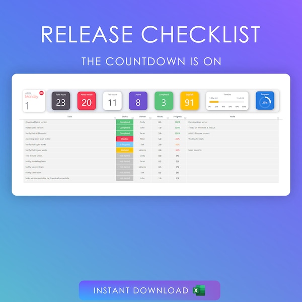 Release Checklist for Excel | Product launch | Event Date | Target date | Effort tracking | Planner Spreadsheet