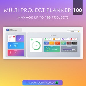 Multi Project Planner 100 Management Dashboard | Excel Template | Task Manager | Project Manager | Organize | Planner Spreadsheet