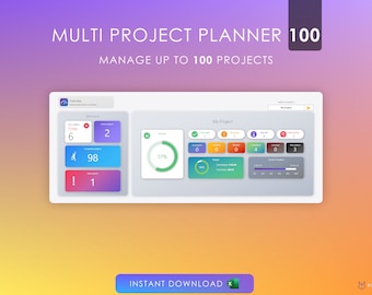 Multi Project Planner 100 Management Dashboard | Excel Template | Task Manager | Project Manager | Organize | Planner Spreadsheet