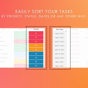 May include: A screenshot of a software program showing a table with columns labeled "Task", "Status", "Priority", "Start Date", "End Date", and "Assigned To". The table is used to organize and prioritize tasks. The "Priority" column is color-coded with red for P1, orange for P2, and blue for P3.