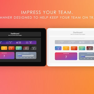 May include: A dark and light gray dashboard interface with the text "Dashboard" and "Impress Your Team. A Planner Designed To Help Keep Your Team On Track." The dashboard shows a progress bar, a number "7", and several colored boxes with numbers.