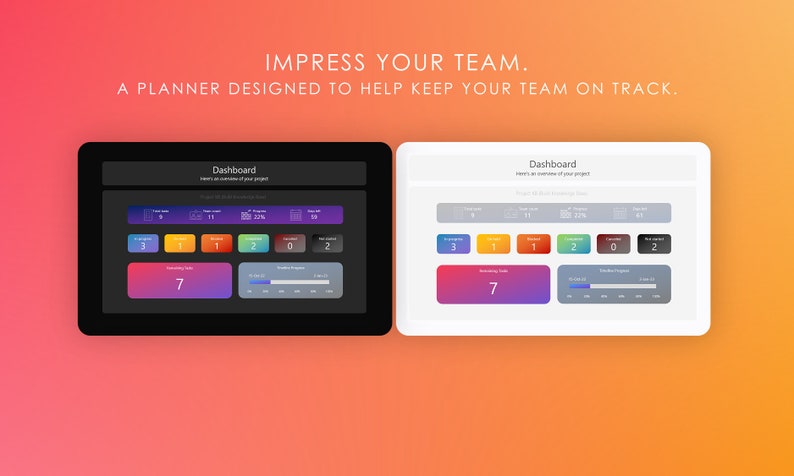 May include: A dark and light gray dashboard interface with the text "Dashboard" and "Impress Your Team. A Planner Designed To Help Keep Your Team On Track." The dashboard shows a progress bar, a number "7", and several colored boxes with numbers.