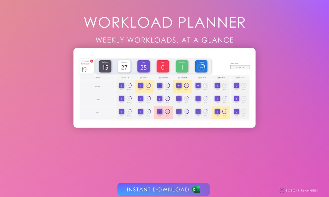 Workload Planner for Excel Track Hours & Tasks by Week Project Manager