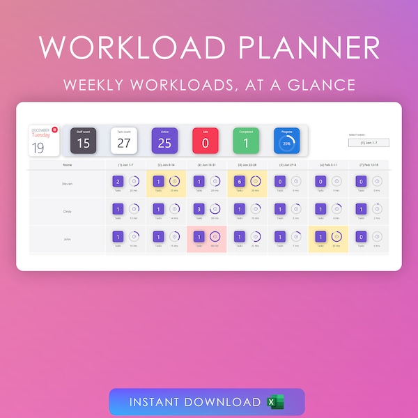 Workload Planner for Excel | Track hours & tasks by week | Project Manager | Task Manager | Planner Spreadsheet