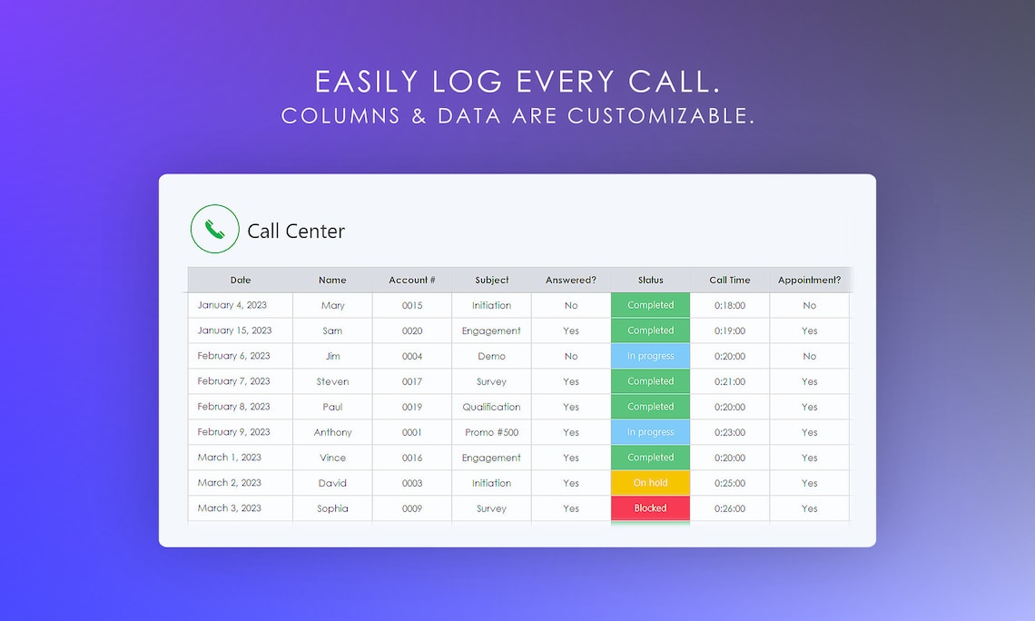 Outbound Call Tracker Spreadsheet Excel Template Outreach - Etsy