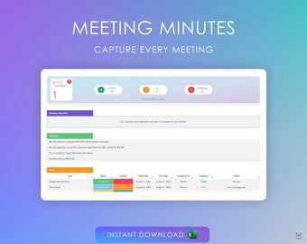 Meeting Minutes Planner | Excel Template | Action Items | Agenda | Organize | Planner Spreadsheet